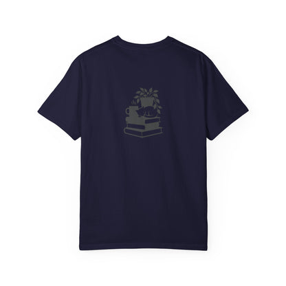Cozy Cat on Books T-Shirt | Reading Tea Stack Illustration