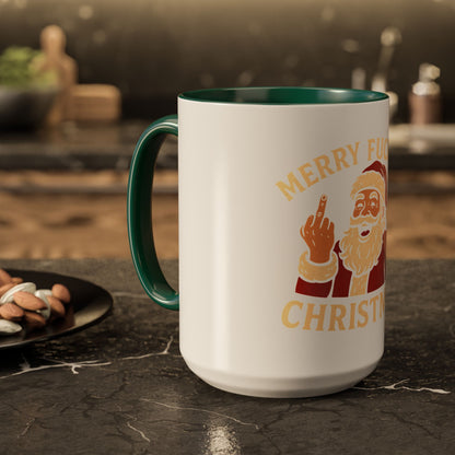 Irreverent Merry Christmas Mug — Funny Santa Middle Finger Coffee Cup (11oz & 15oz)