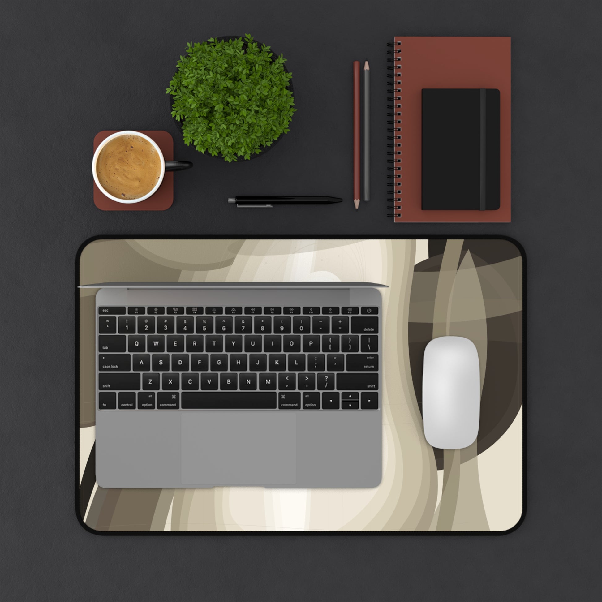 Abstract neutral waves desk mat featuring a modern beige and brown design, ideal as a stylish home decor mousepad surface.