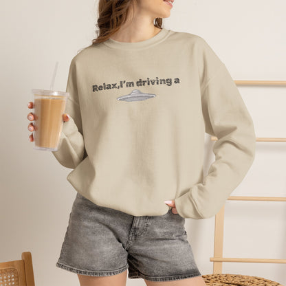 Relaxing UFO Driving Sweatshirt, Funny Gift for UFO Lovers, Unisex Crewneck Pullover, Casual Wear, Space Enthusiast Apparel
