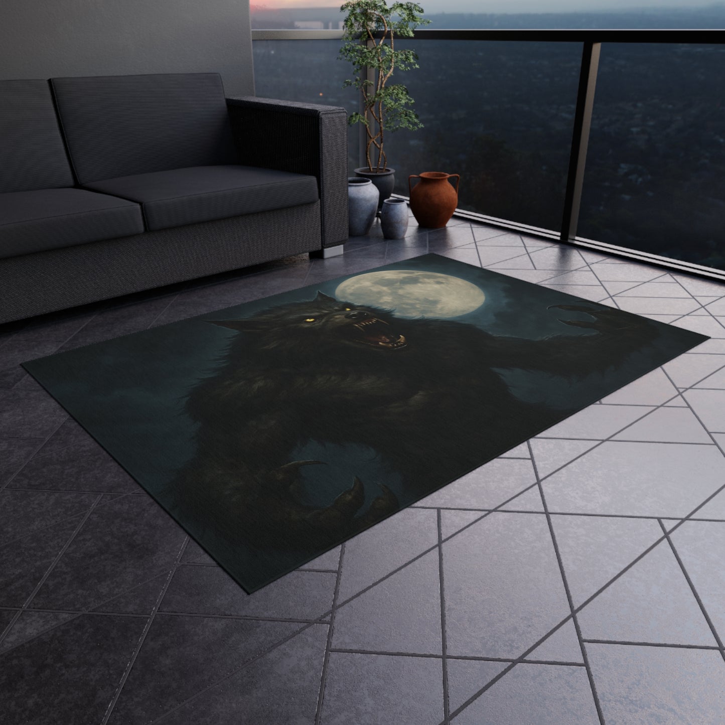 Werewolf Moon Outdoor Rug — Spooky Full Moon Werewolf Patio Mat