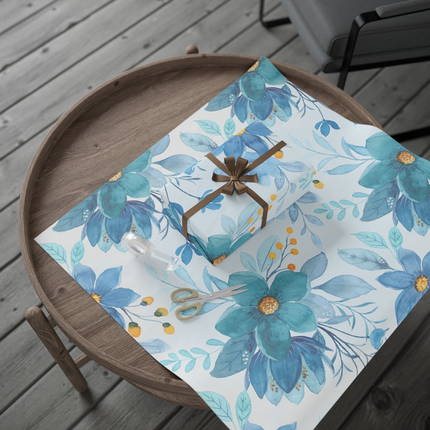 Blue Floral Wrapping Paper Roll — Watercolor Bouquet Gift Wrap