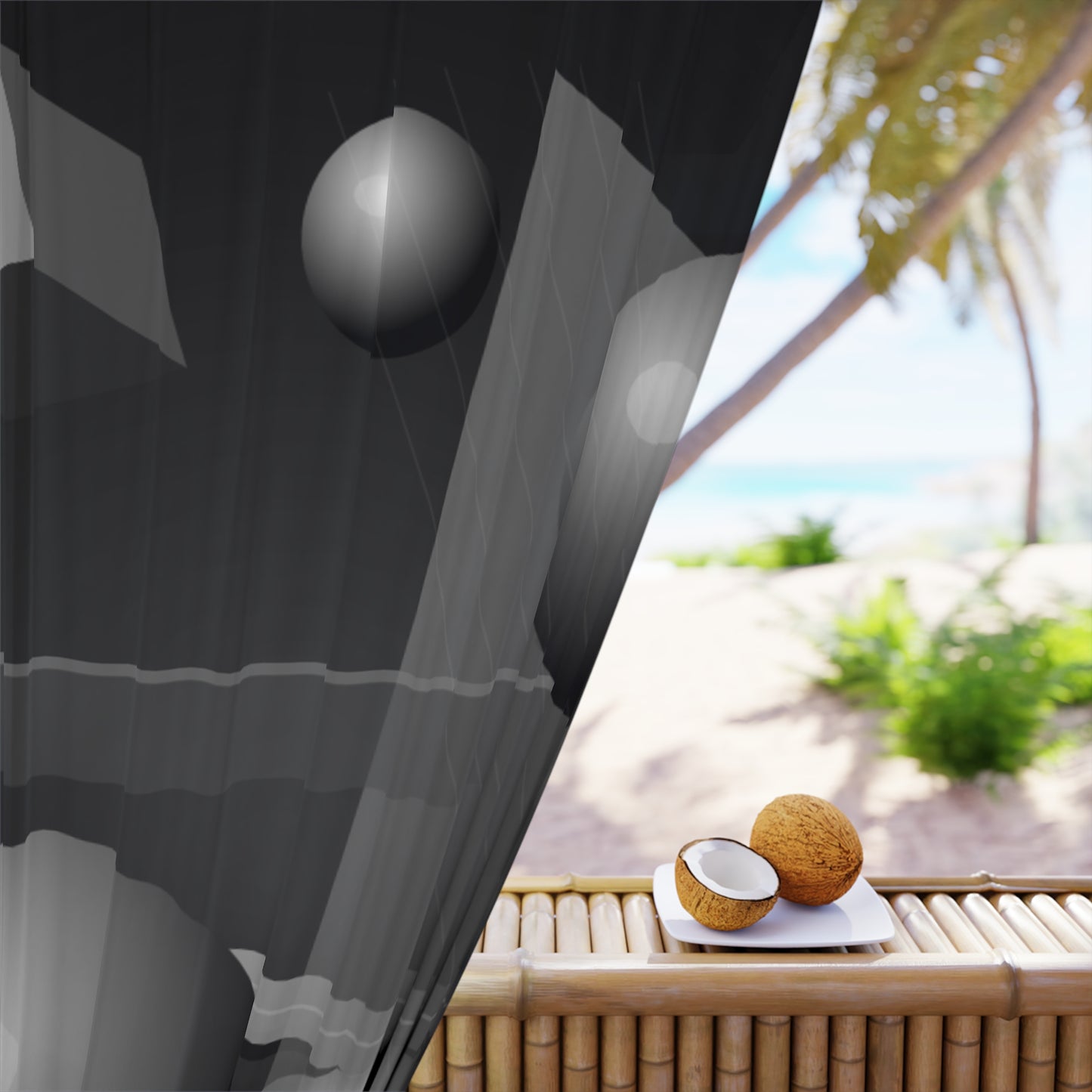 Modern black and gray abstract geometric spheres window curtains, stylish home decor with a contemporary design.