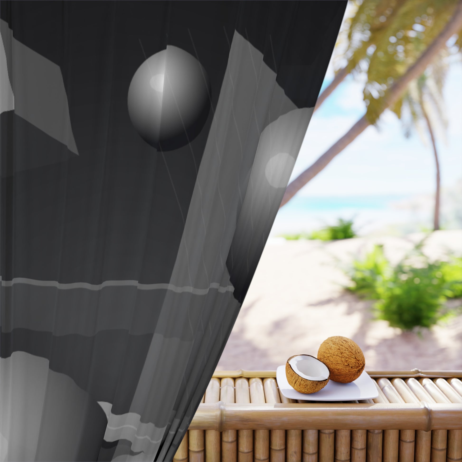 Modern black and gray abstract geometric spheres window curtains, stylish home decor with a contemporary design.