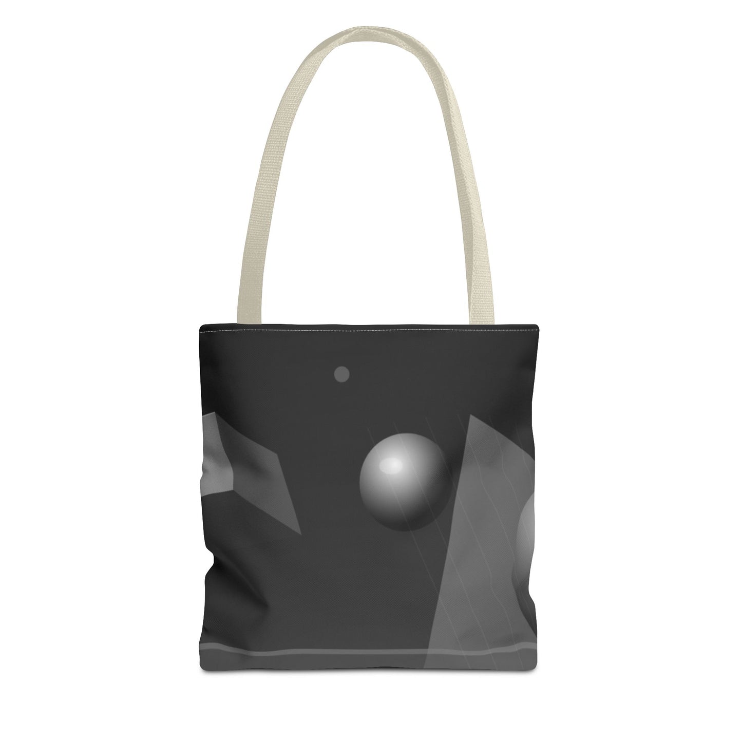 Printify tote bag featuring an abstract monochrome orb design, showcasing a stylish and modern bag with black and white artwork.