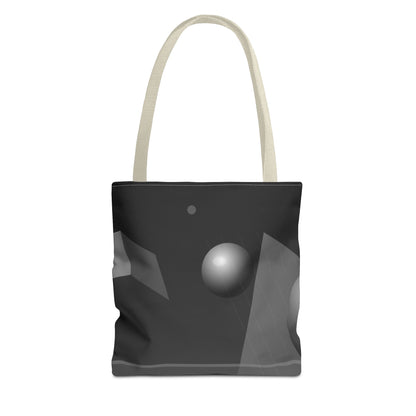Printify tote bag featuring an abstract monochrome orb design, showcasing a stylish and modern bag with black and white artwork.