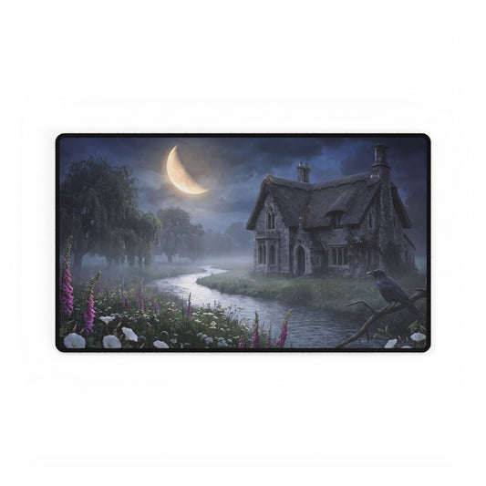 Moonlit Cottage Desk Mat | Night Cottage Artwork, River, Raven