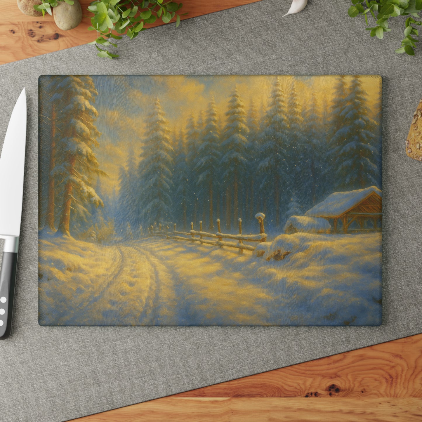 Winter Cabin Glass Cutting Board – Snowy Forest Scenic Kitchen Décor
