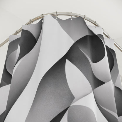 Black and white abstract geometric shower curtain with curved designs, ideal for modern home decor.