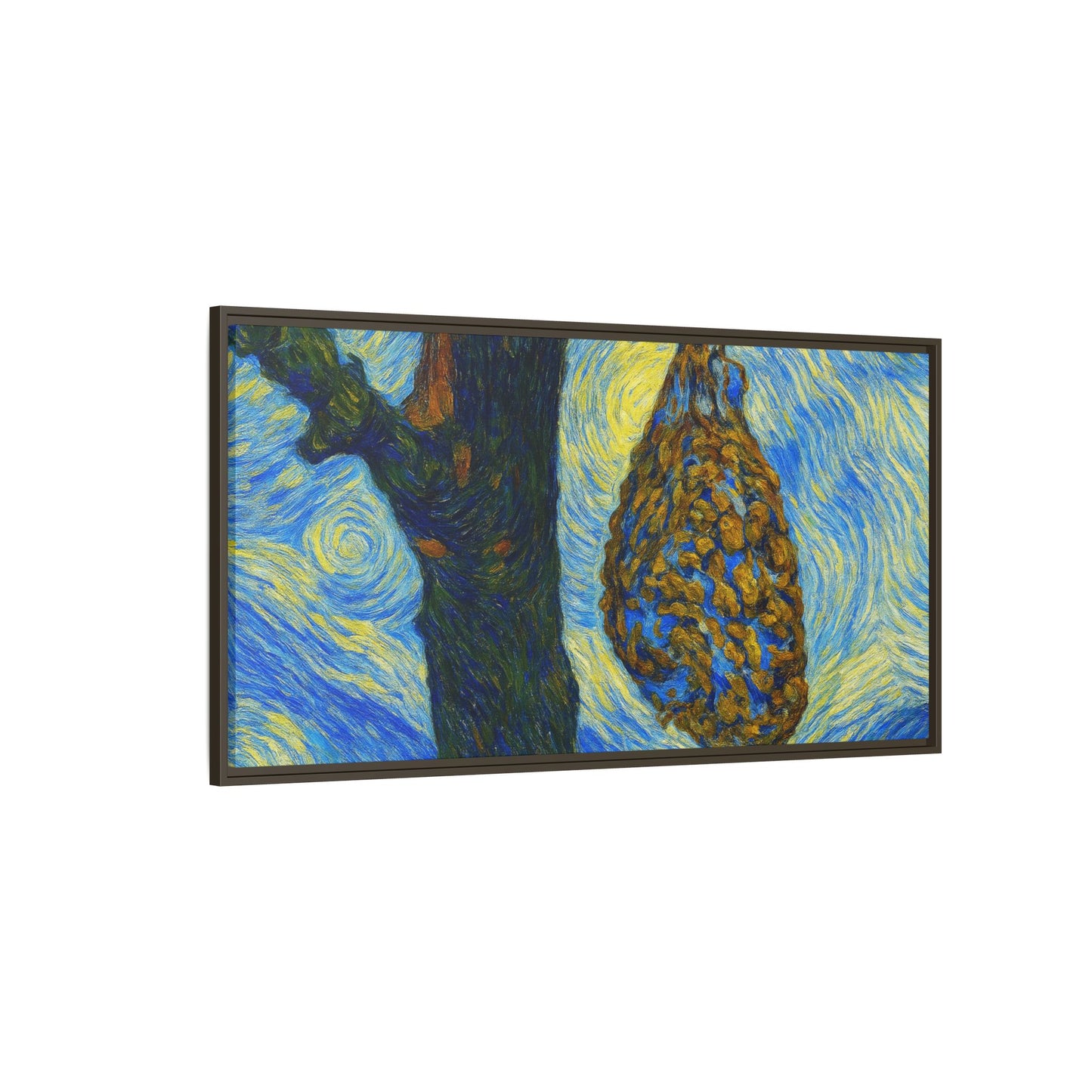Framed Matte Canvas Art — Van Gogh-Style Swirling Night with Hanging Beehive