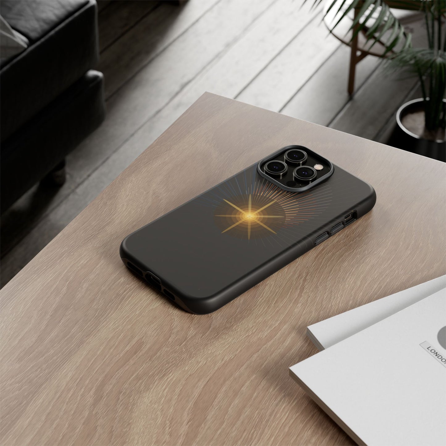 Tough Cases - Radiant Star Phone Case, Protective Black Shockproof Cover with Golden Light Design