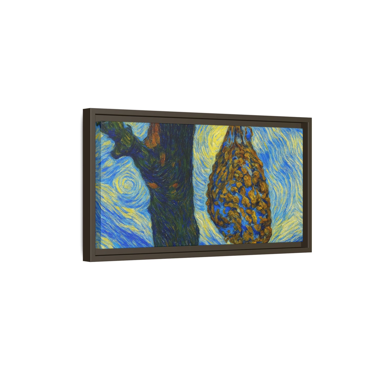 Framed Matte Canvas Art — Van Gogh-Style Swirling Night with Hanging Beehive