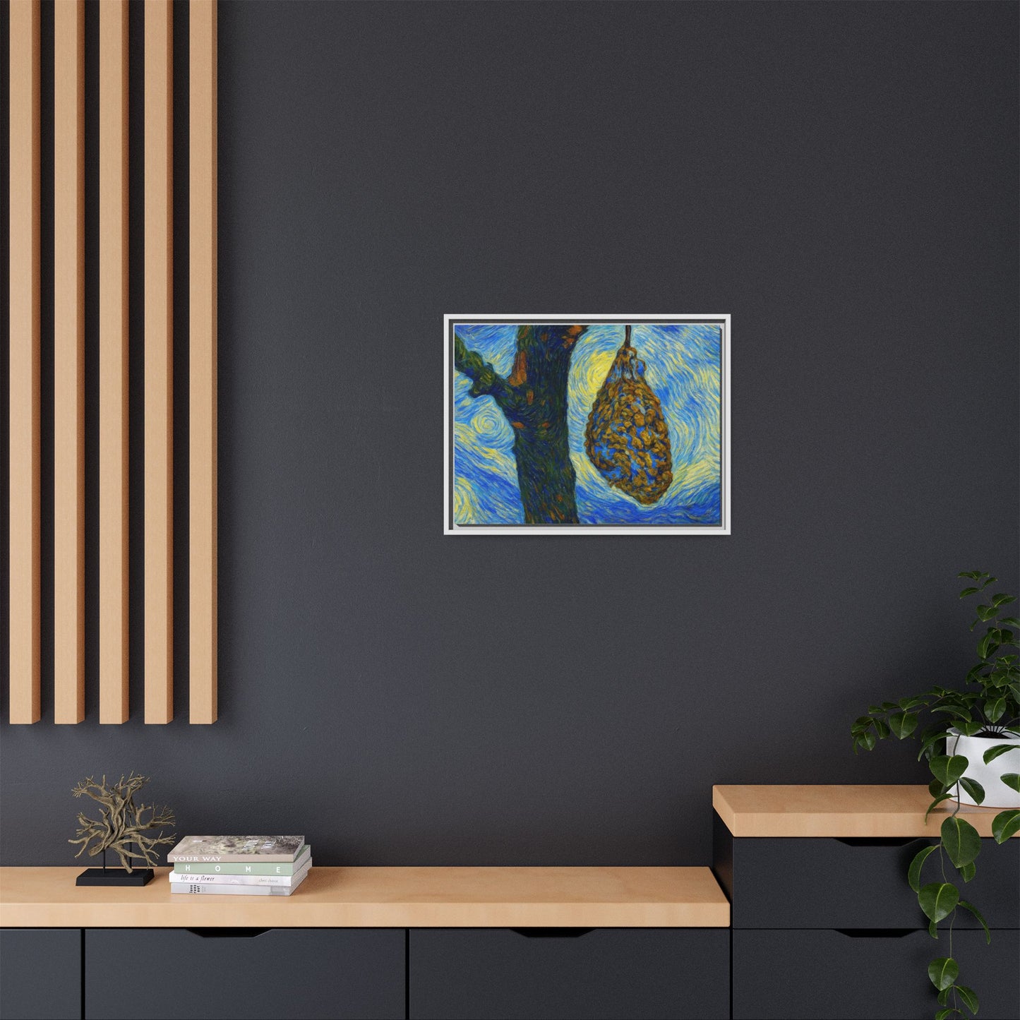 Framed Matte Canvas Art — Van Gogh-Style Swirling Night with Hanging Beehive