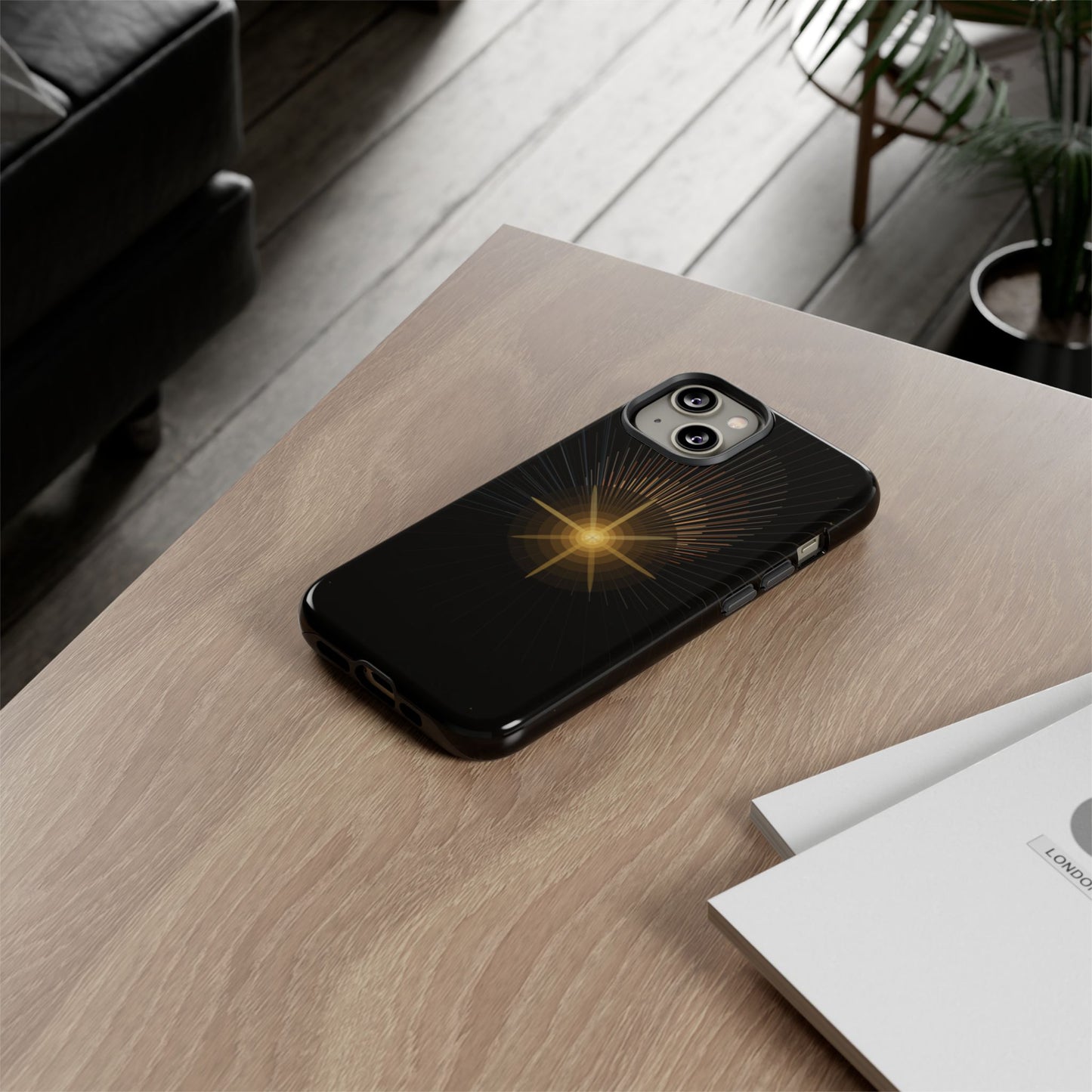 Tough Cases - Radiant Star Phone Case, Protective Black Shockproof Cover with Golden Light Design