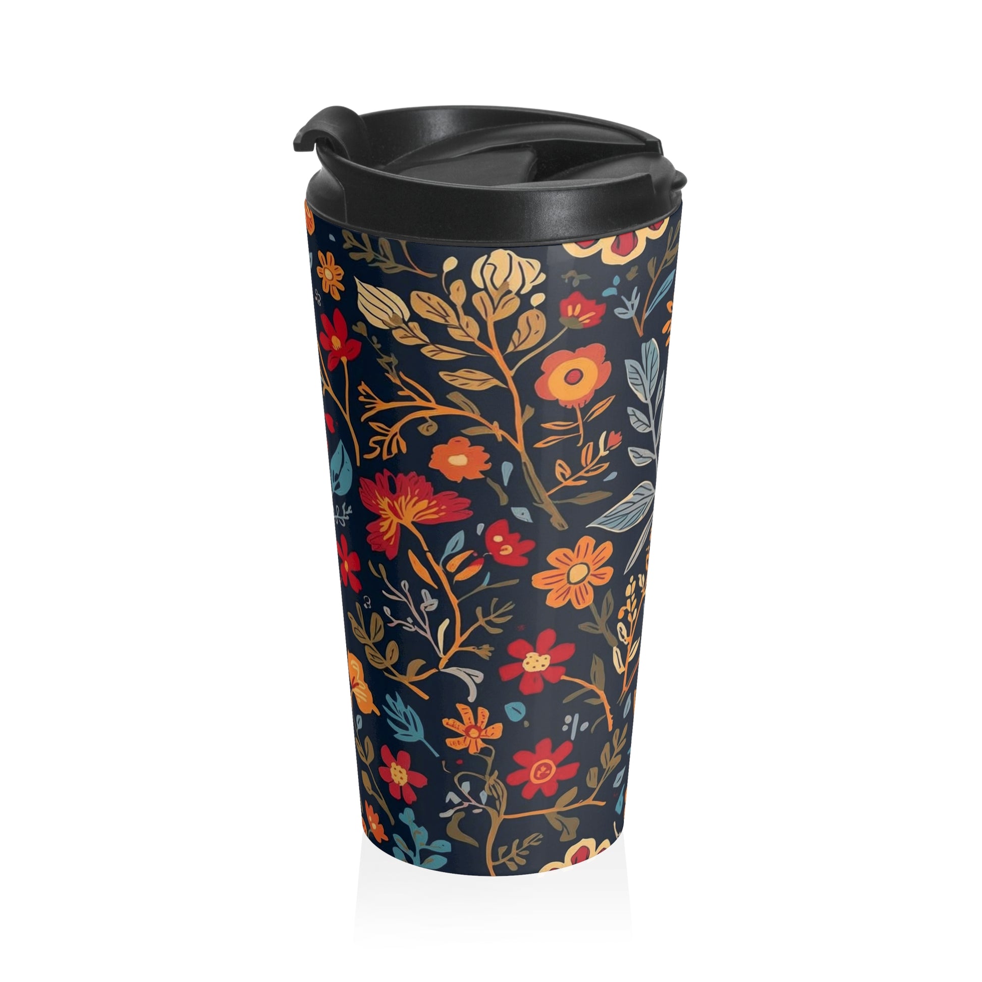 Autumn Floral Pattern Stainless Steel Travel Mug | Navy Wildflower Design - TRV