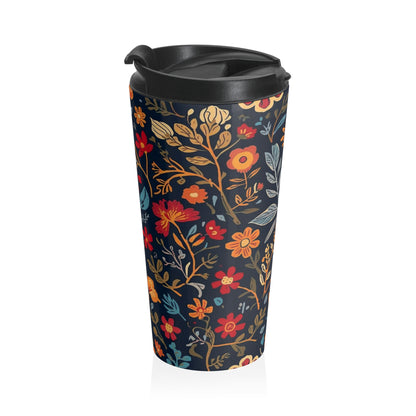 Autumn Floral Pattern Stainless Steel Travel Mug | Navy Wildflower Design - TRV