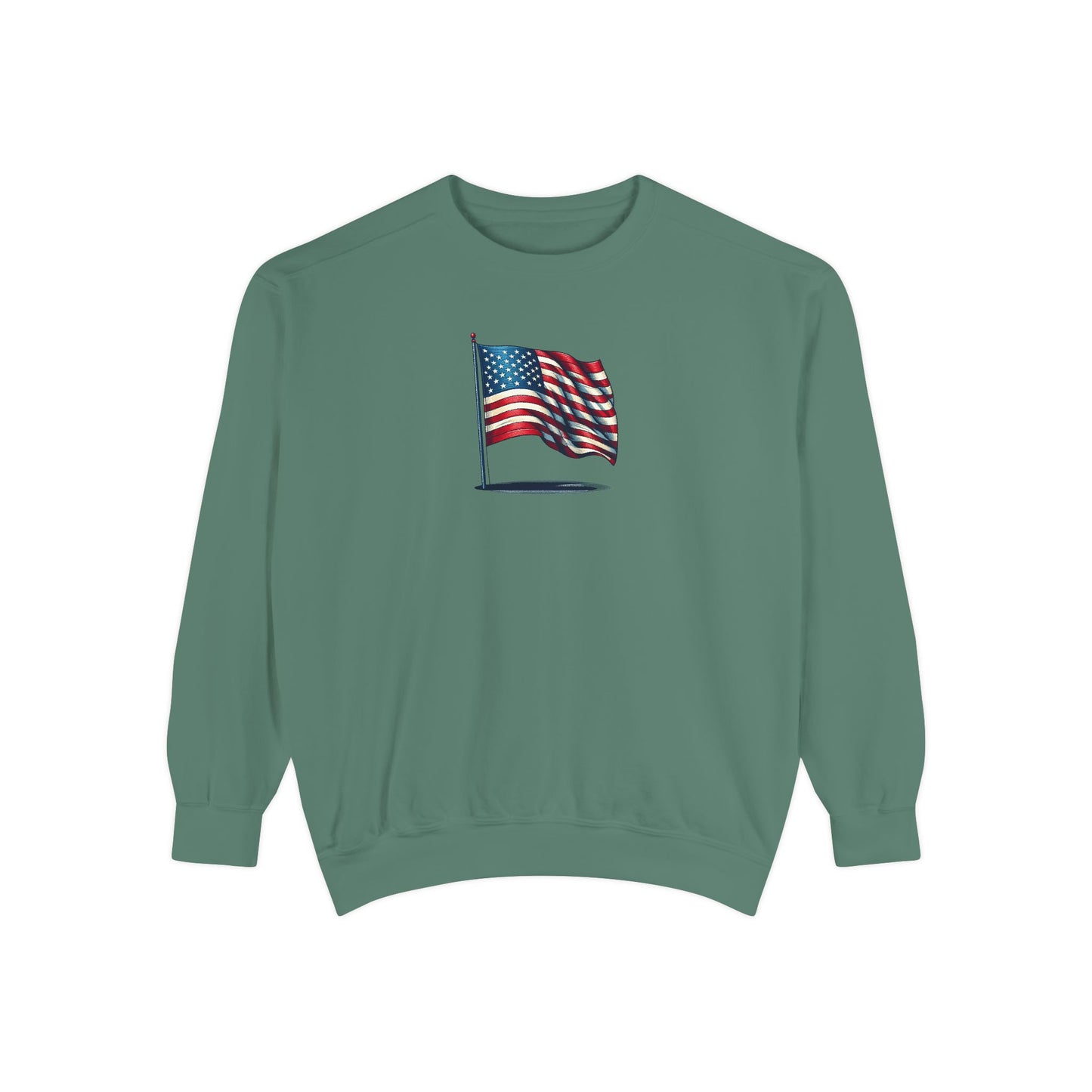 Patriotic Unisex Garment-Dyed Sweatshirt with Vintage American Flag, Cozy Fall Outfit, Statement Sweater, Gift for Veterans, Casual Fashion - TRV