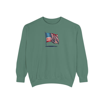 Patriotic Unisex Garment-Dyed Sweatshirt with Vintage American Flag, Cozy Fall Outfit, Statement Sweater, Gift for Veterans, Casual Fashion - TRV