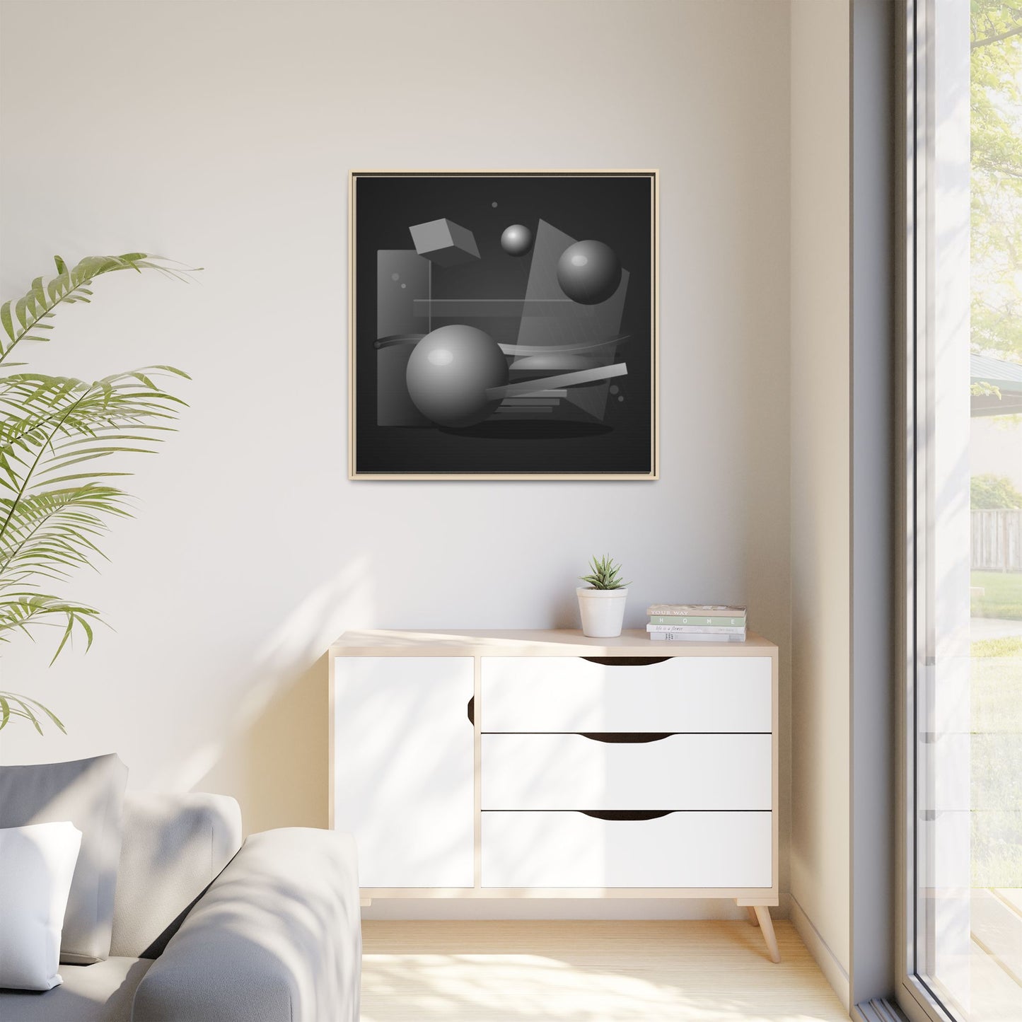 Monochrome Geometric Spheres Canvas Framed Wall Art | Matte Print