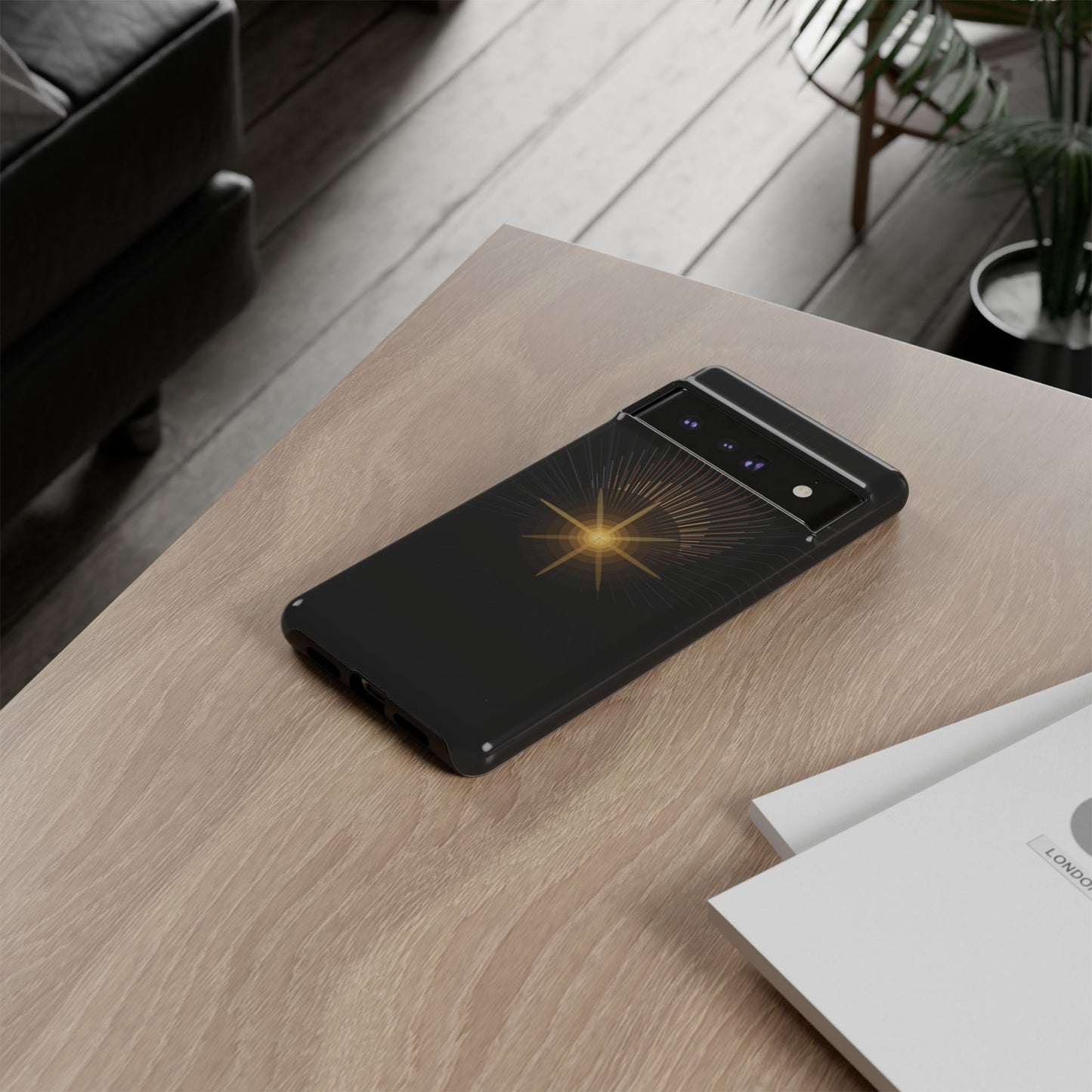 Tough Cases - Radiant Star Phone Case, Protective Black Shockproof Cover with Golden Light Design