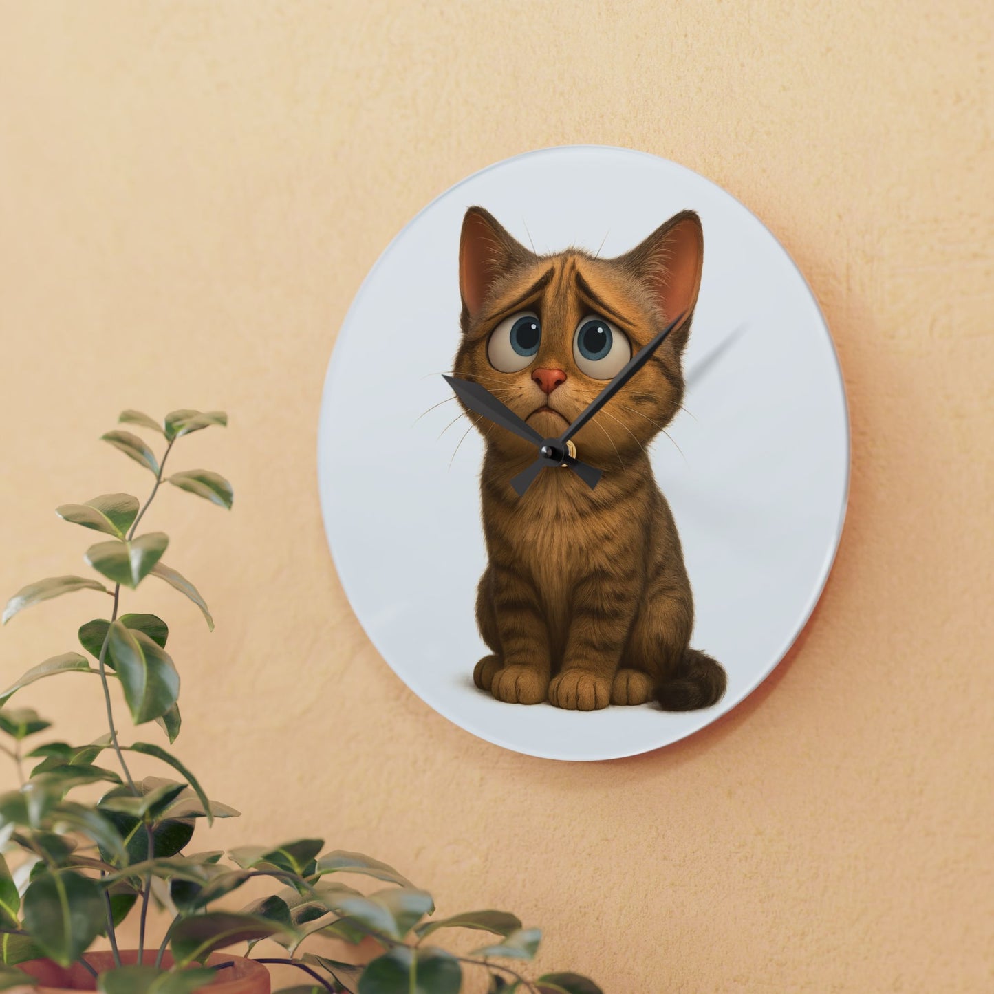 Sad Cartoon Kitten Acrylic Wall Clock – Cute Nursery Cat Decor