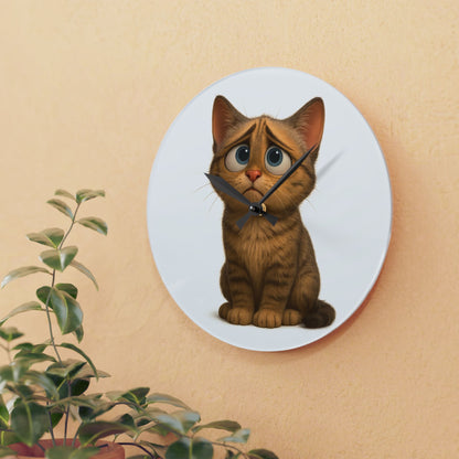 Sad Cartoon Kitten Acrylic Wall Clock – Cute Nursery Cat Decor