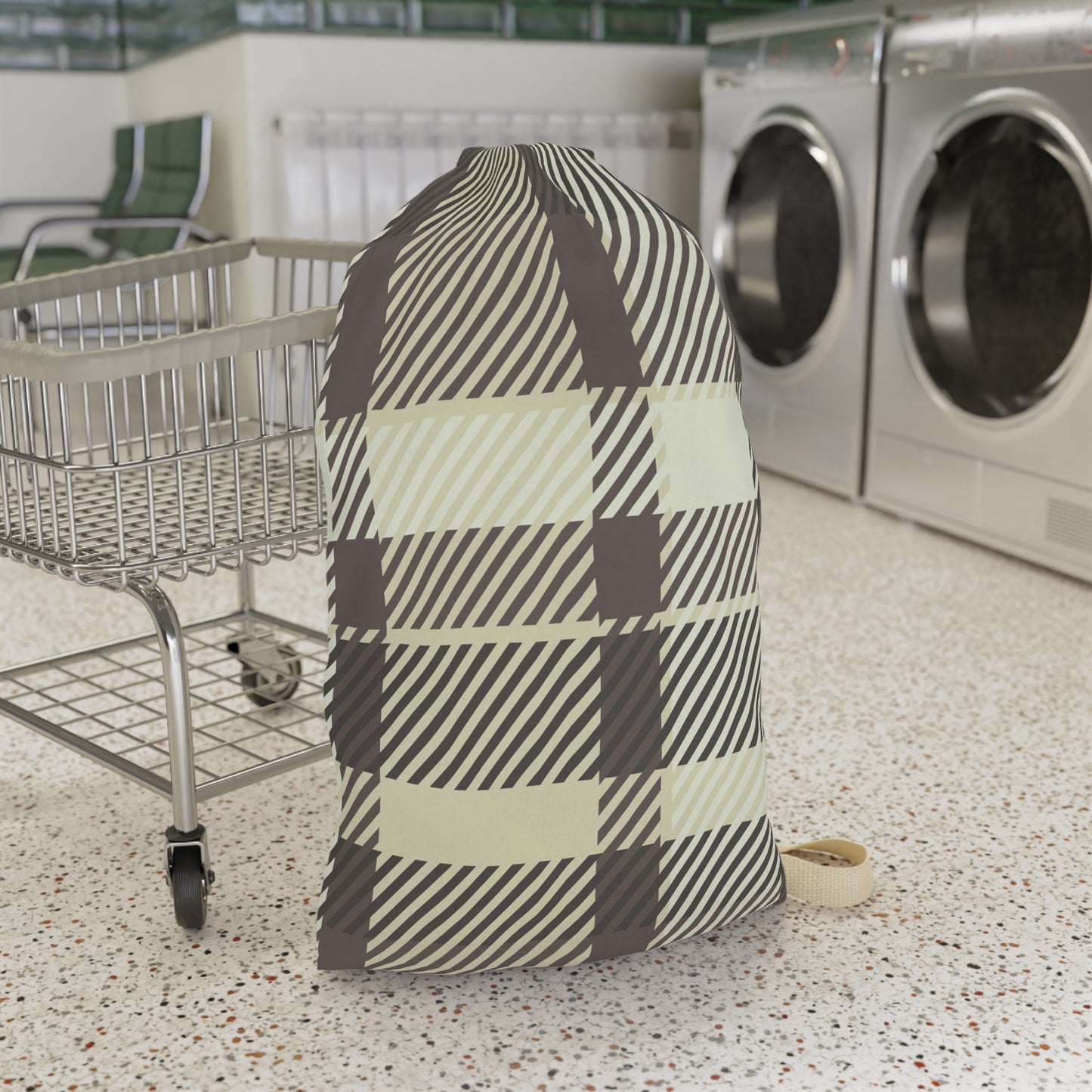 Plaid Laundry Bag — Beige & Brown Drawstring Wash Tote