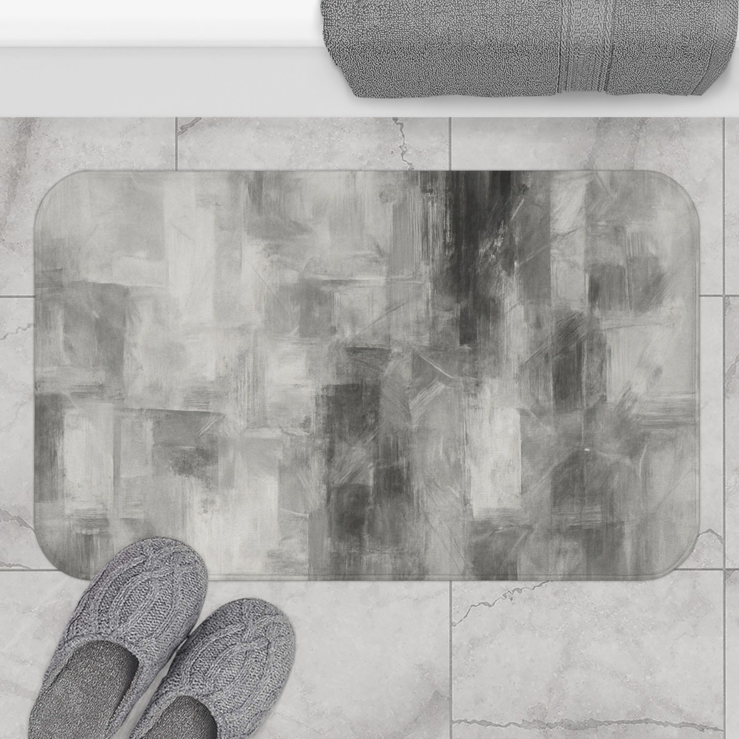 Elegant Gray Abstract Bath Mat | Modern Bathroom Decor, Soft Bathroom Rug, Luxury Shower Mat, Neutral Home Accessories - TRV