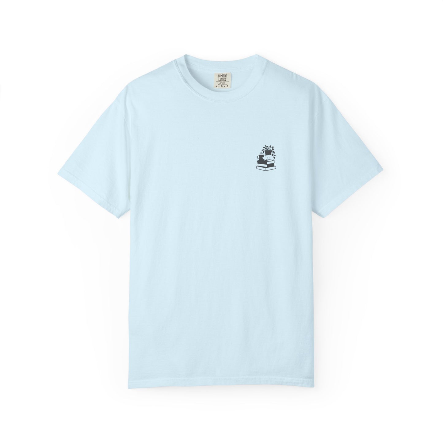 Cozy Cat on Books T-Shirt | Reading Tea Stack Illustration