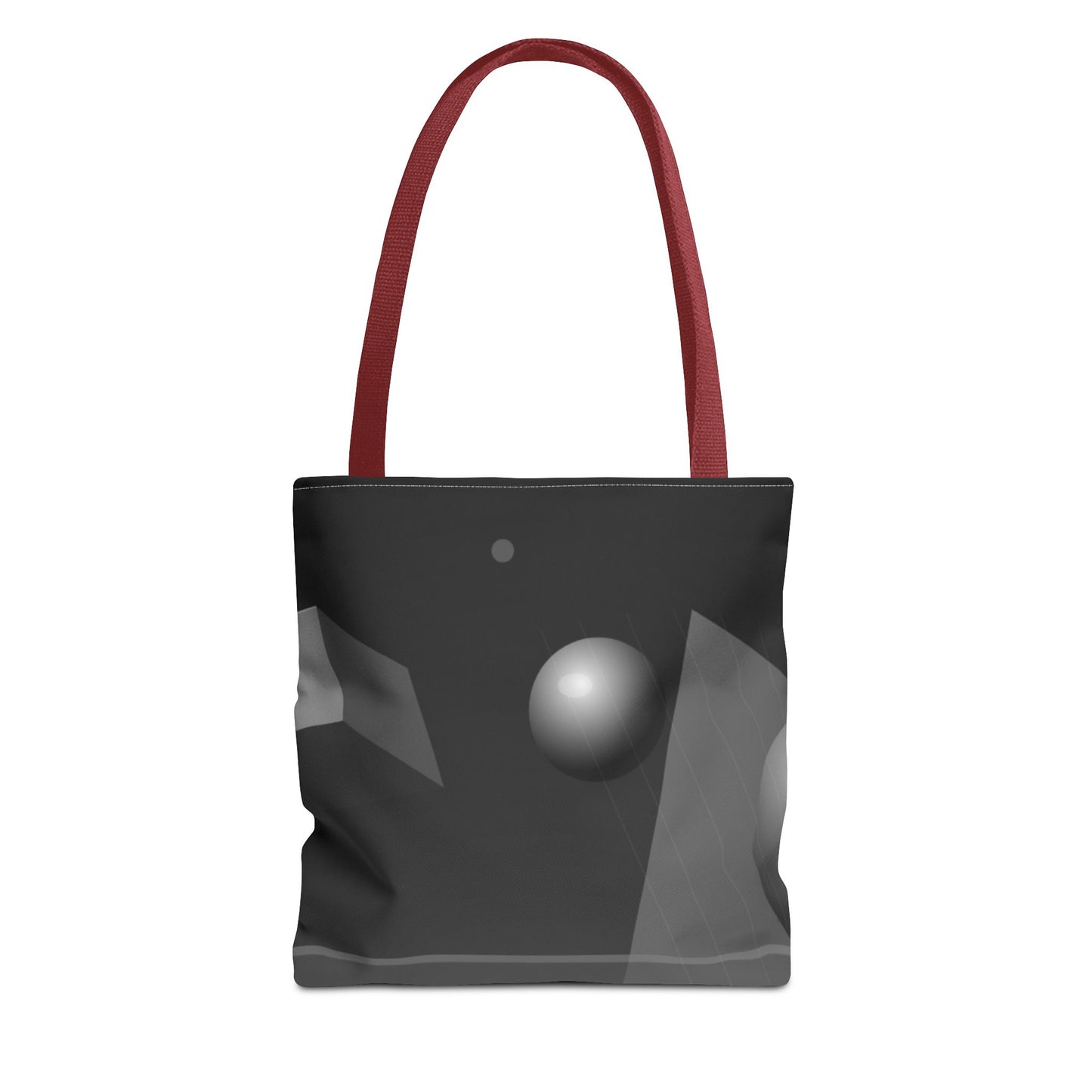 Abstract monochrome orb tote bag with black and white geometric design, made by Printify, showcasing its spacious fabric and stylish look.