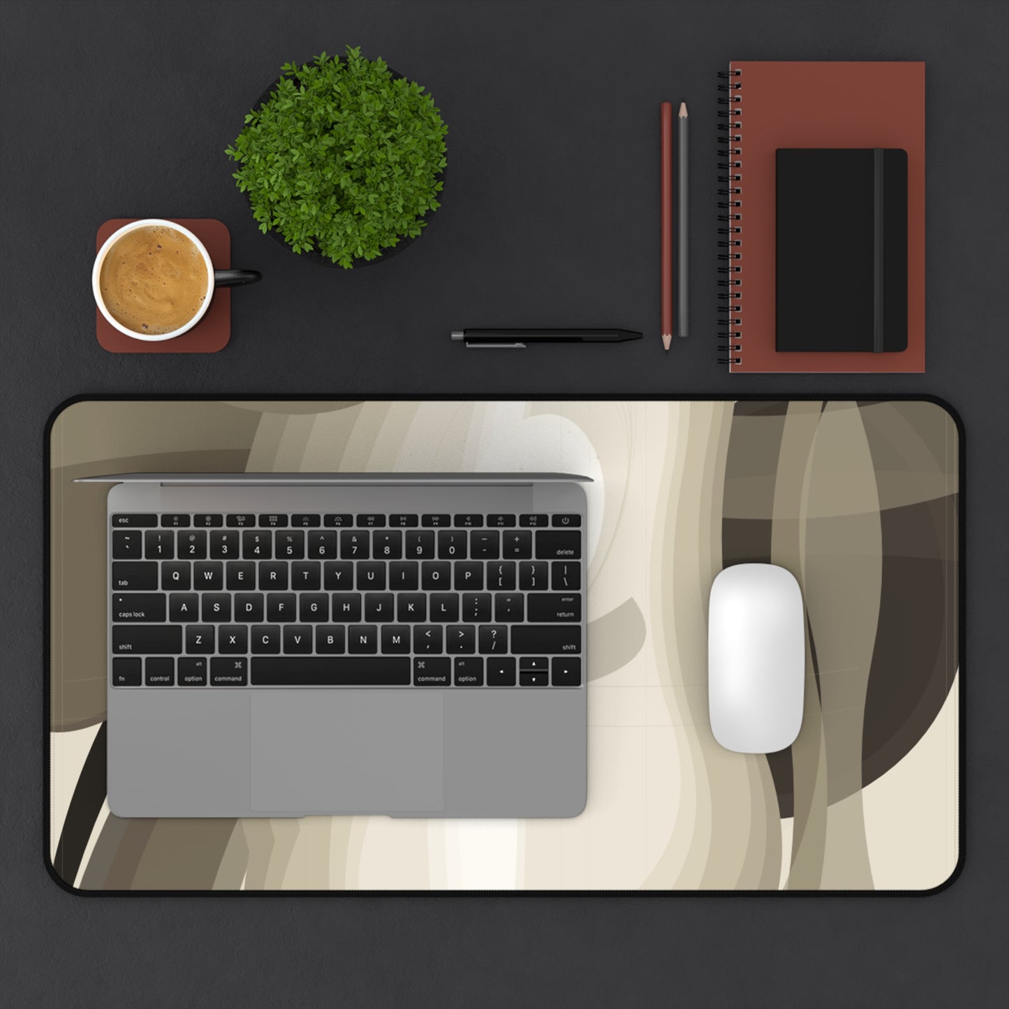Abstract neutral waves desk mat with beige and brown tones, modern design, perfect for home decor and office mousepads.