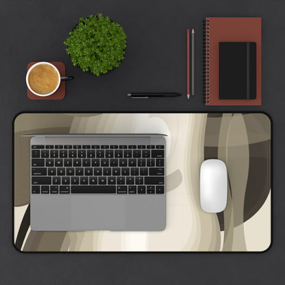 Abstract neutral waves desk mat with beige and brown tones, modern design, perfect for home decor and office mousepads.