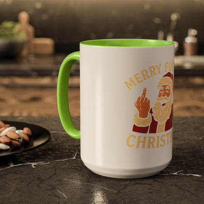 Irreverent Merry Christmas Mug — Funny Santa Middle Finger Coffee Cup (11oz & 15oz)