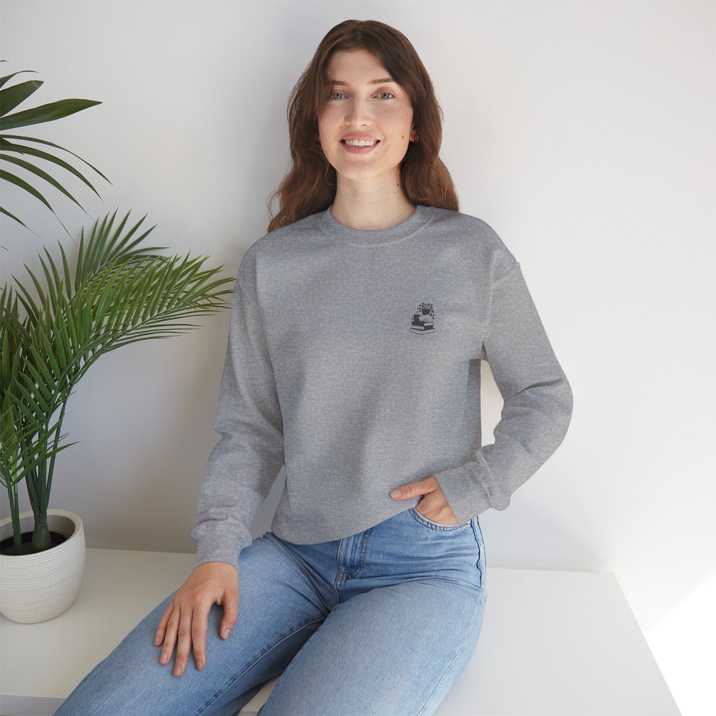 Stack of Books with Mug and Plant Sweatshirt | Cozy Reading Crewneck