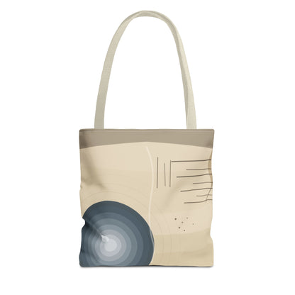 Abstract neutral waves tote bag with geometric circle pattern, stylish fabric bag featuring modern wave and circle design.