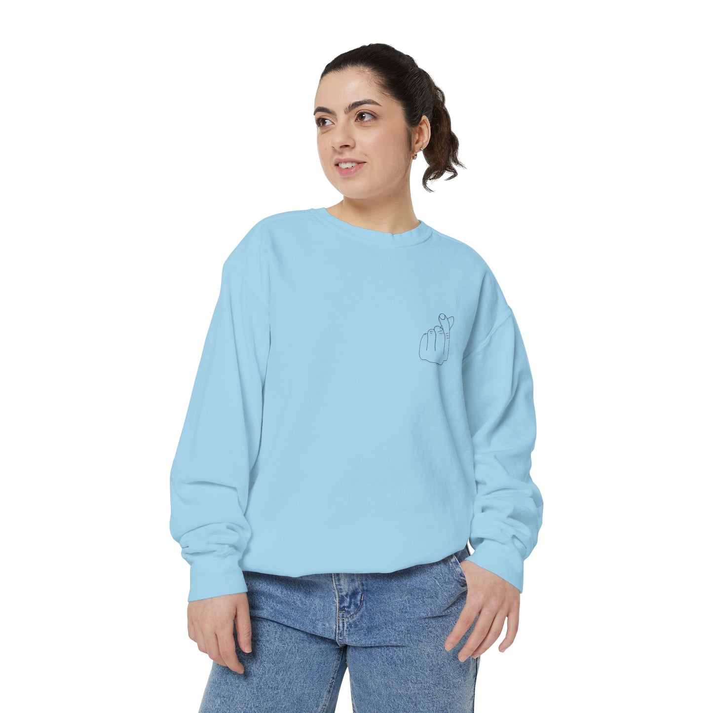 Minimalist Peace Hand Sweatshirt — Small Chest Line Art Crewneck