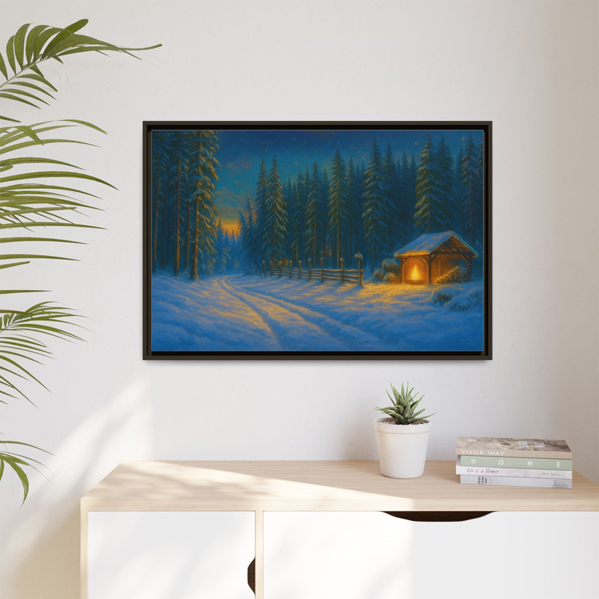 Framed Winter Landscape Canvas, Cozy Cabin Art, Christmas Decor, Winter Home Decor, Holiday Gift, Wall Art - TRV