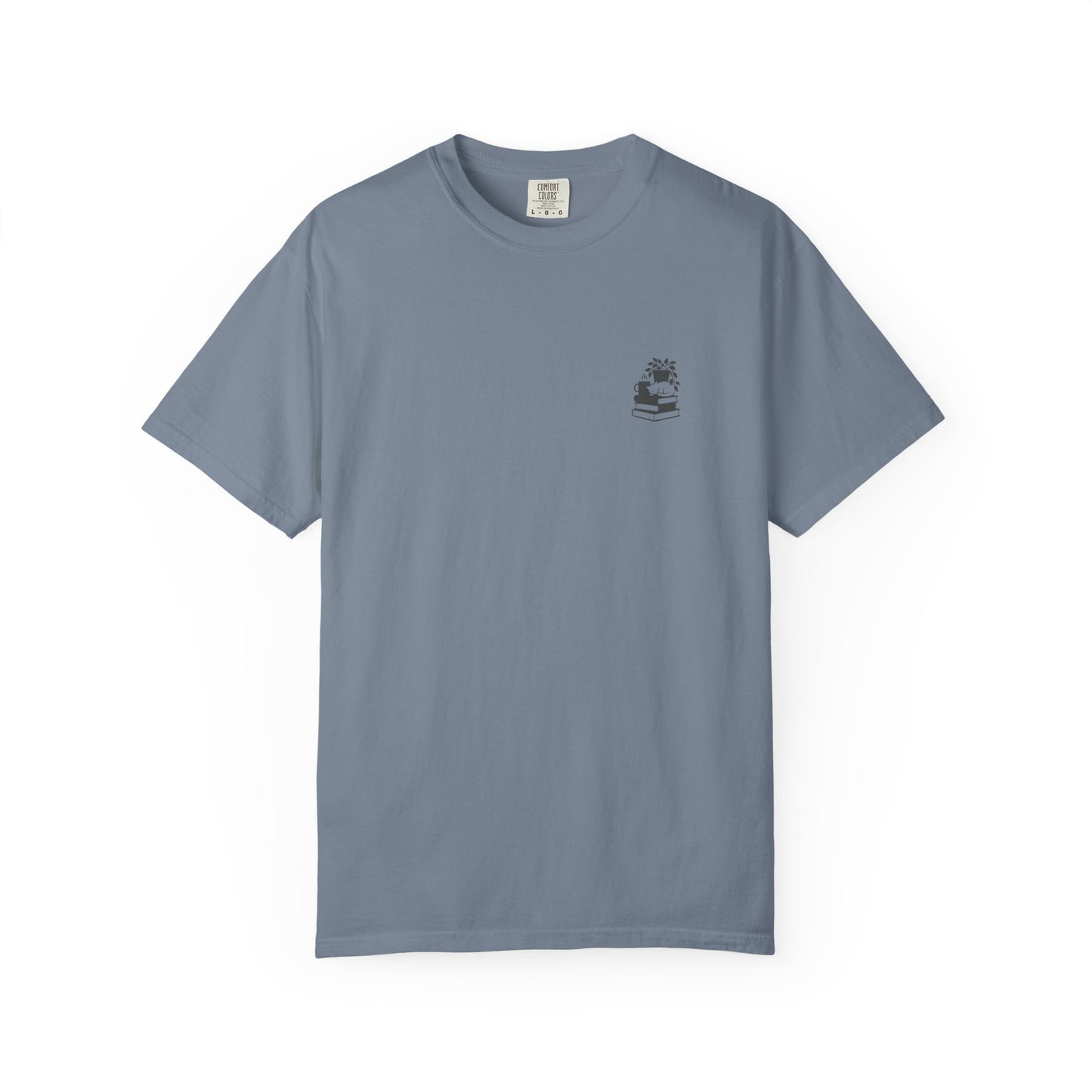 Cozy Cat on Books T-Shirt | Reading Tea Stack Illustration