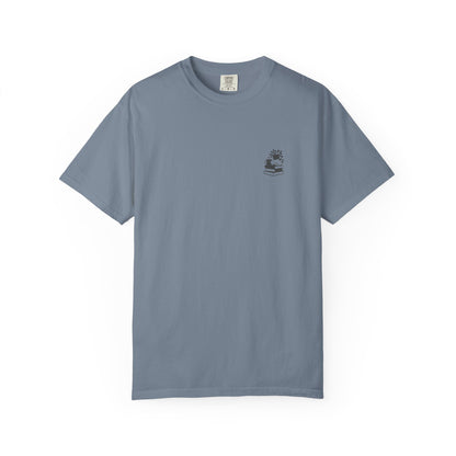 Cozy Cat on Books T-Shirt | Reading Tea Stack Illustration