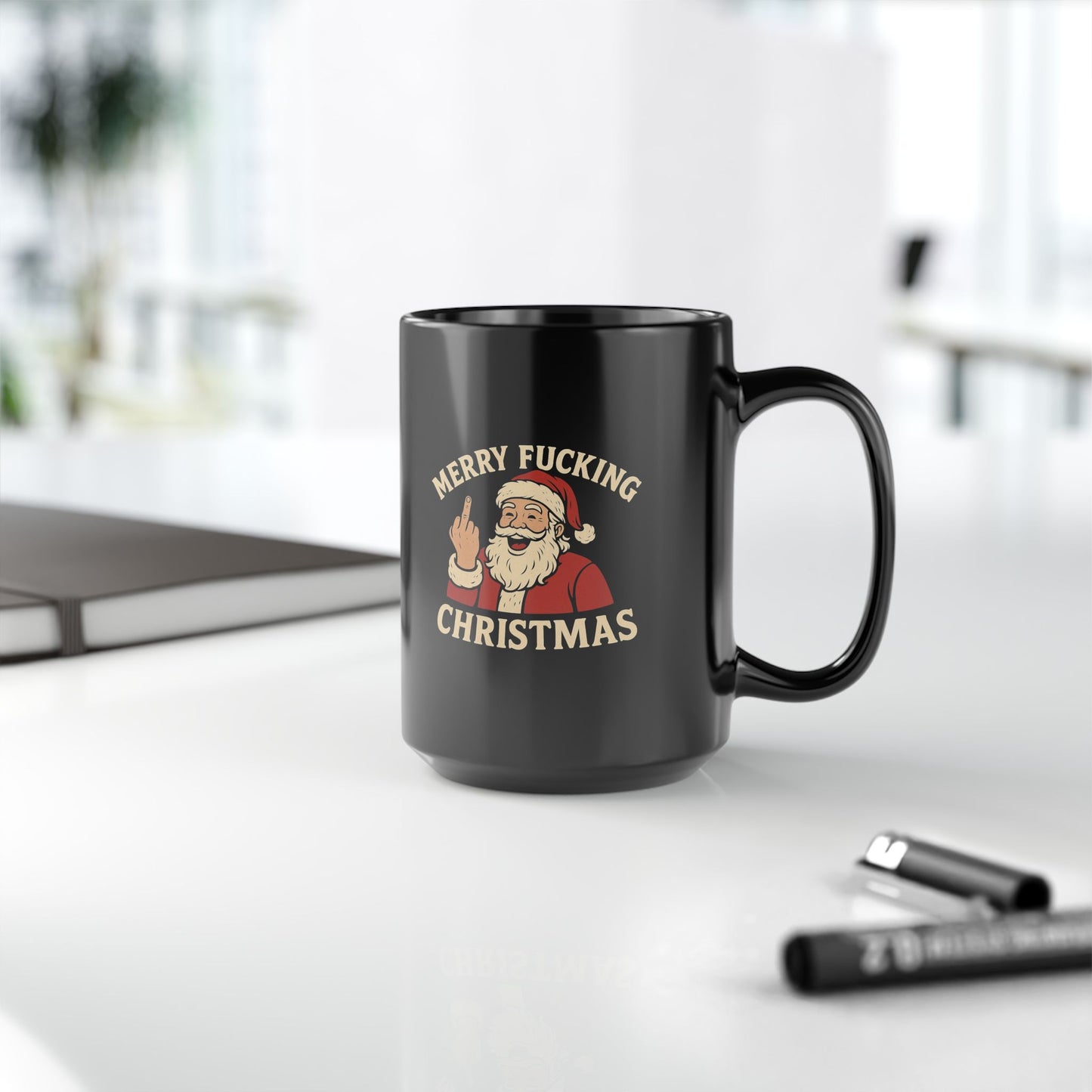 Irreverent Merry Christmas Mug — Funny Santa Coffee Mug (Black, 11/15oz)