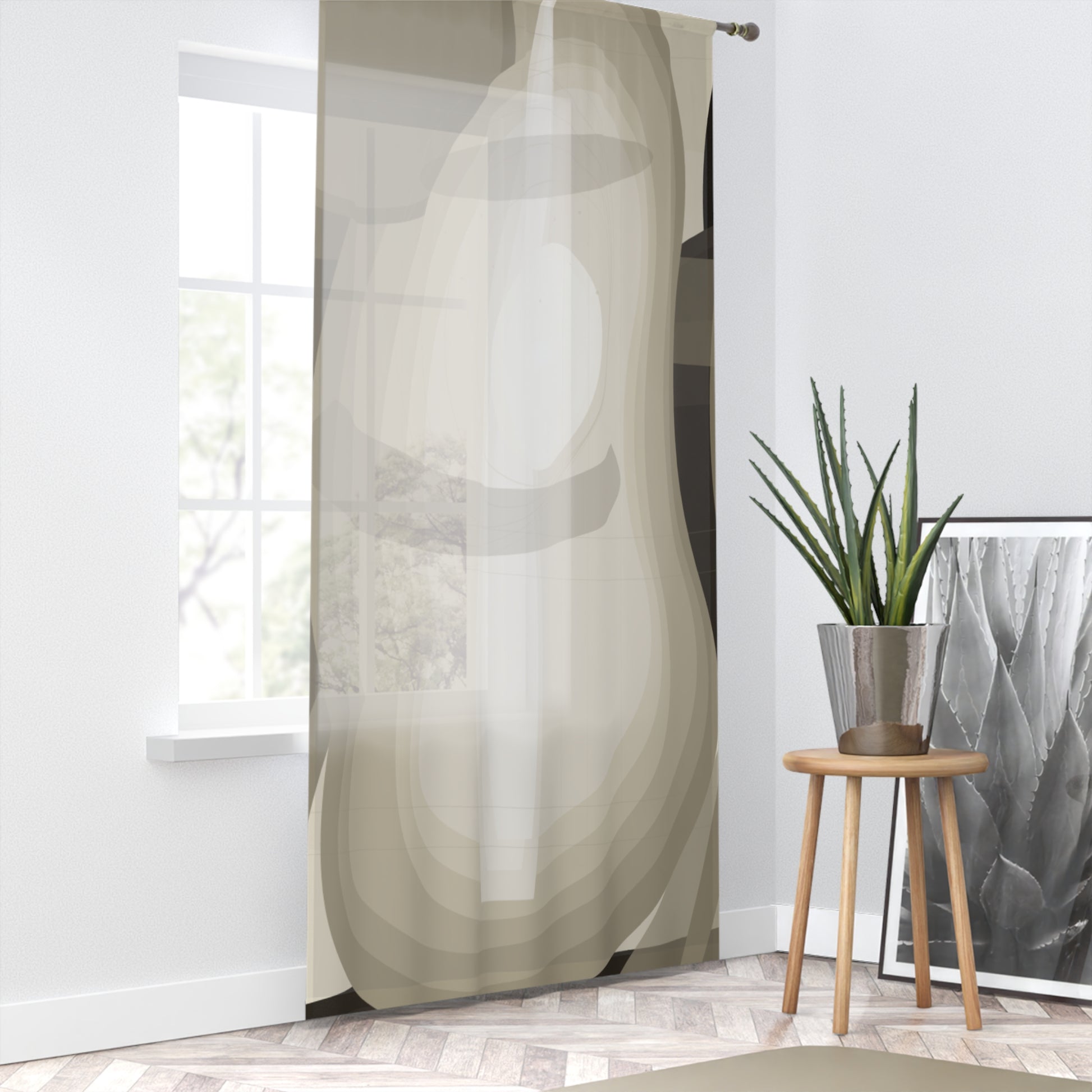 Abstract neutral swirl window curtain with modern geometric sheer panel, ideal for contemporary home decor by Printify.