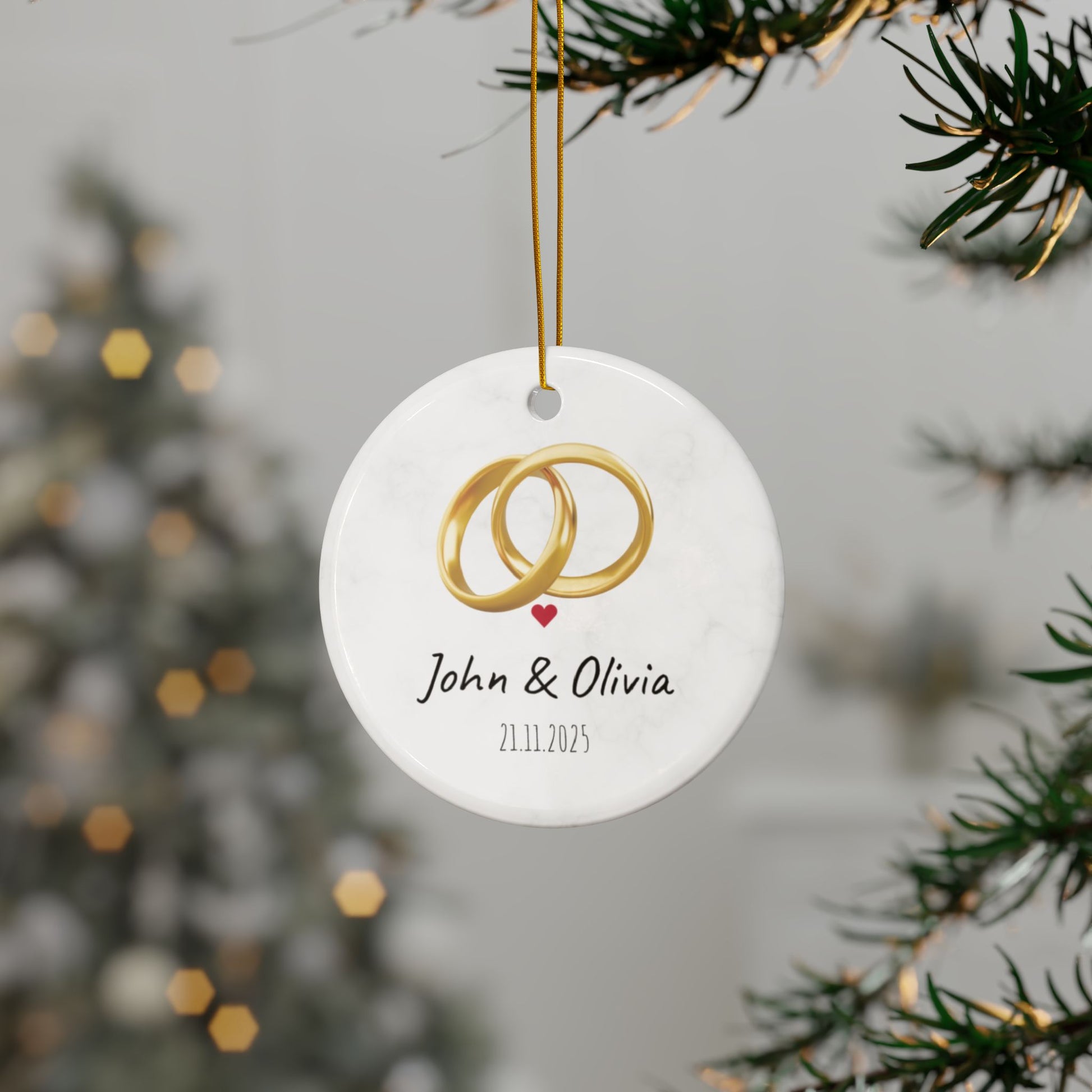Wedding Rings Ornament round ceramic ornament | Personalized names and date - TRV