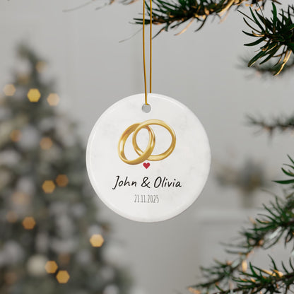 Wedding Rings Ornament round ceramic ornament | Personalized names and date - TRV
