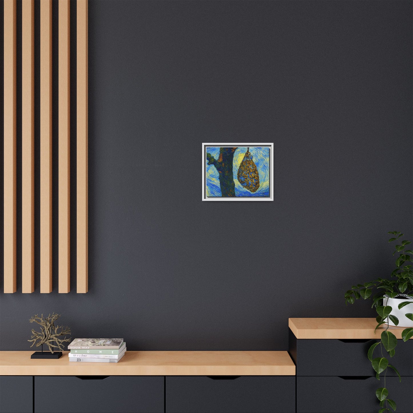 Framed Matte Canvas Art — Van Gogh-Style Swirling Night with Hanging Beehive