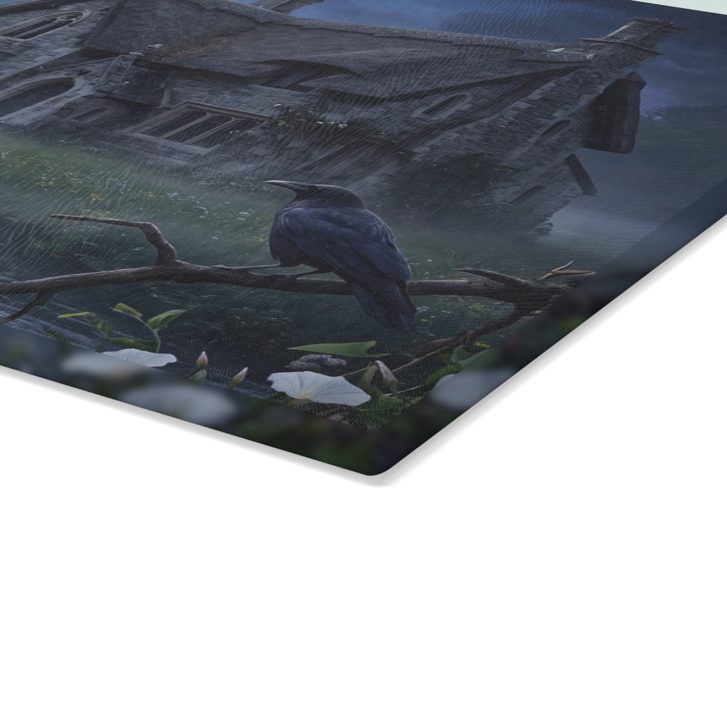 Moonlit Cottage river scene Glass Cutting Board | mystical night landscape