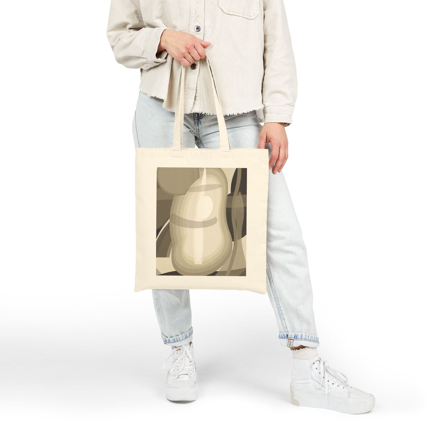 Abstract pear still life tote bag with neutral geometric fruit print, showcasing a stylish and spacious bag design by Printify.