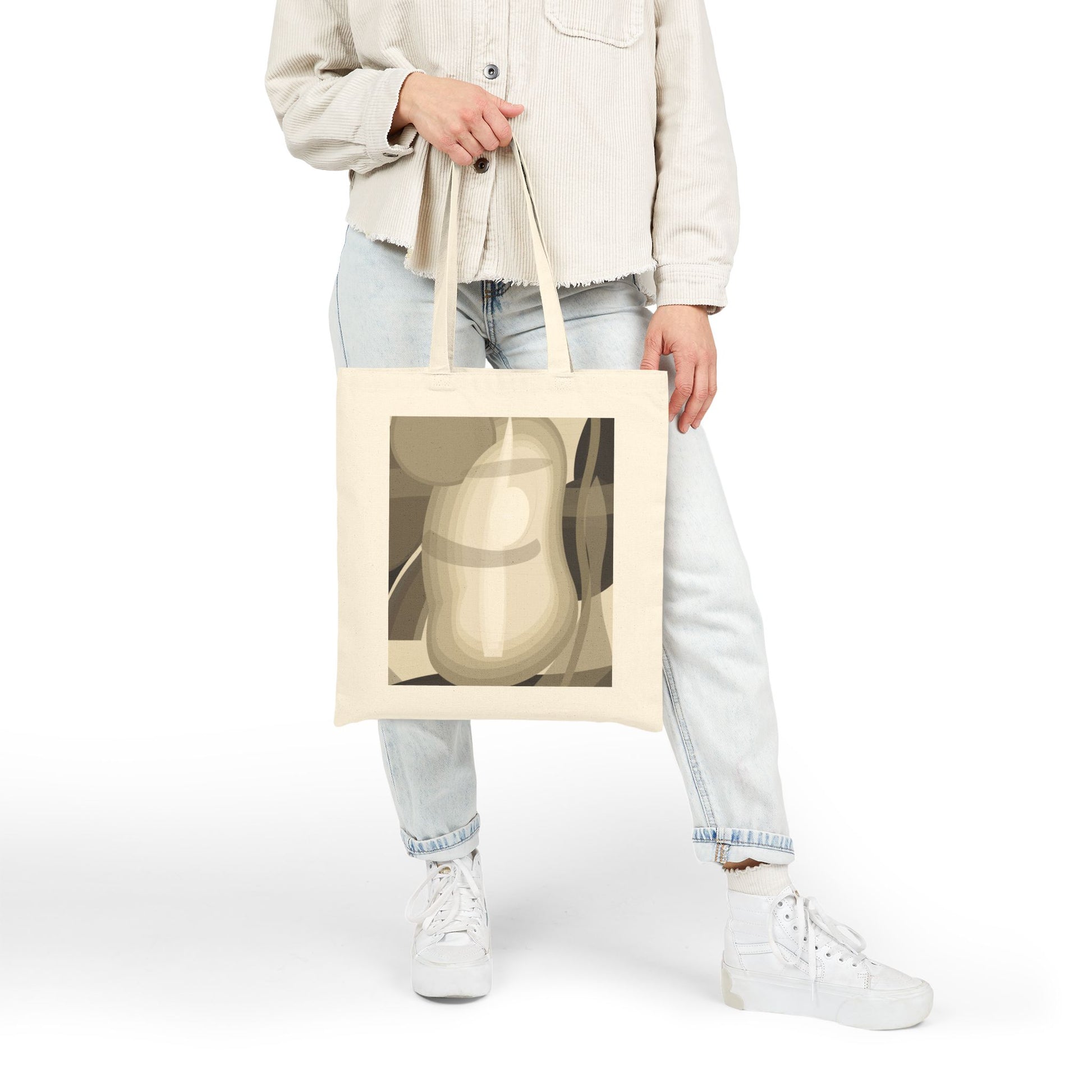 Abstract pear still life tote bag with neutral geometric fruit print, showcasing a stylish and spacious bag design by Printify.