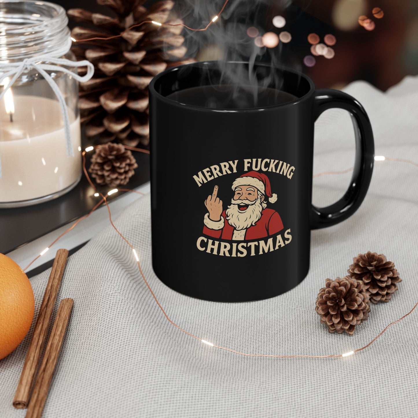 Irreverent Merry Christmas Mug — Funny Santa Coffee Mug (Black, 11/15oz)
