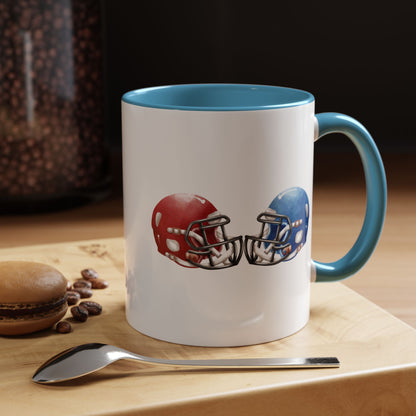Football Helmet Coffee Mug — Red vs Blue Rivalry Accent Mug (11/15oz)