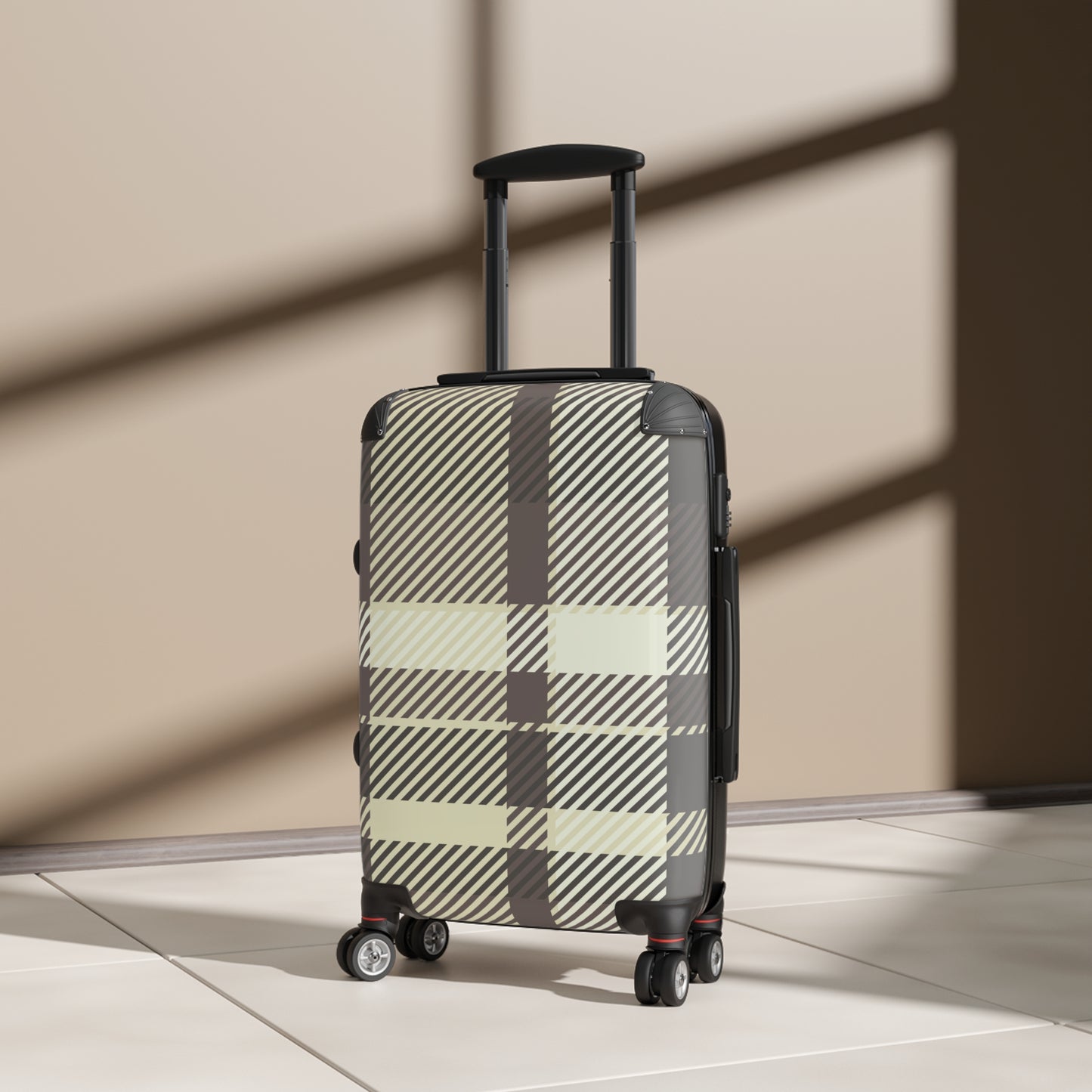 Plaid Carry-On Suitcase — Neutral Beige & Black Travel Luggage